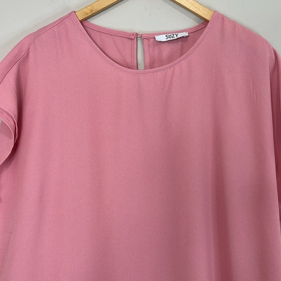 Suzy Shier Dusty Pink Rose Cap Sleeve Boxy Blouse Keyhole Back Round Neck Size L - Picture 3 of 12